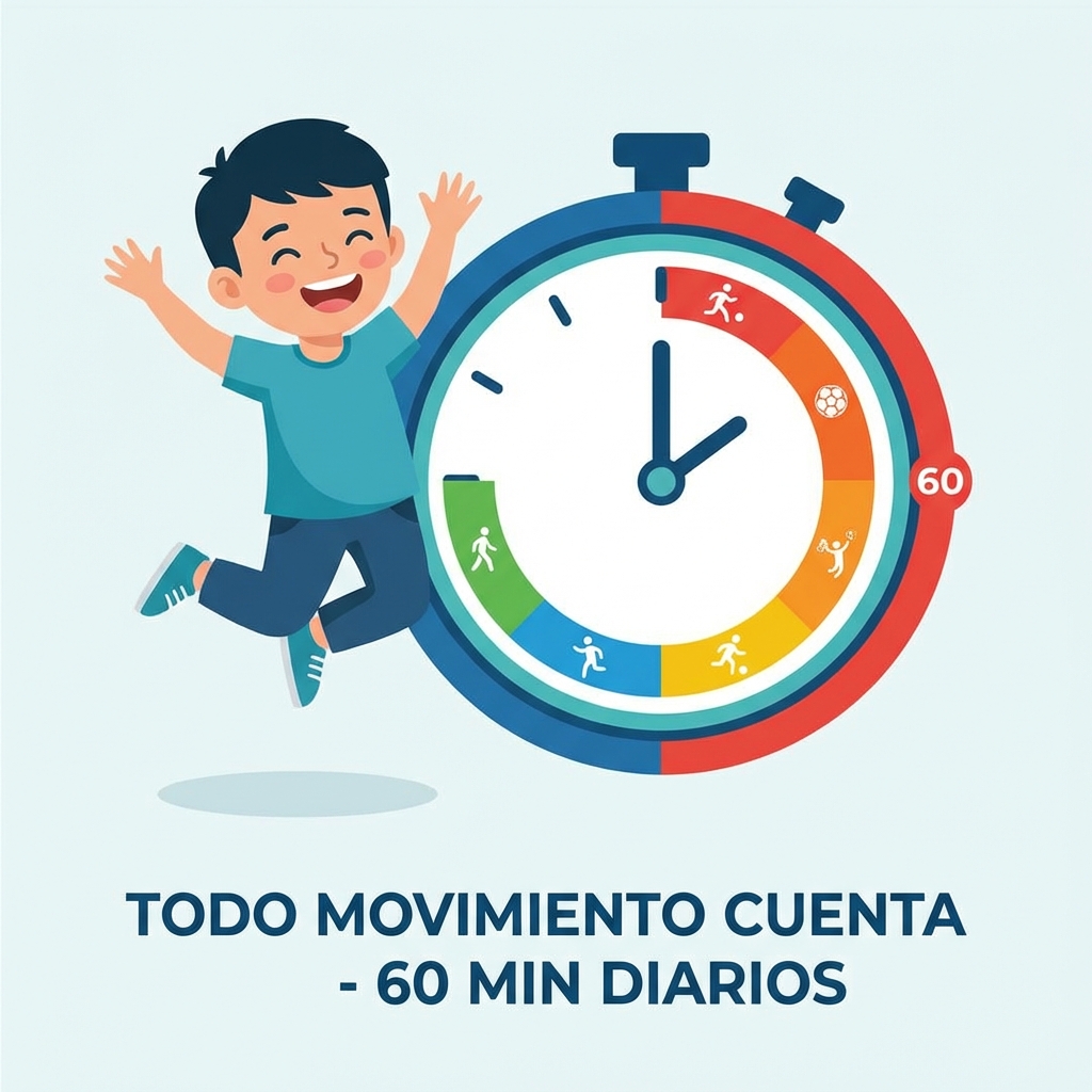 Niño saltando junto a un reloj de progreso de 60 minutos