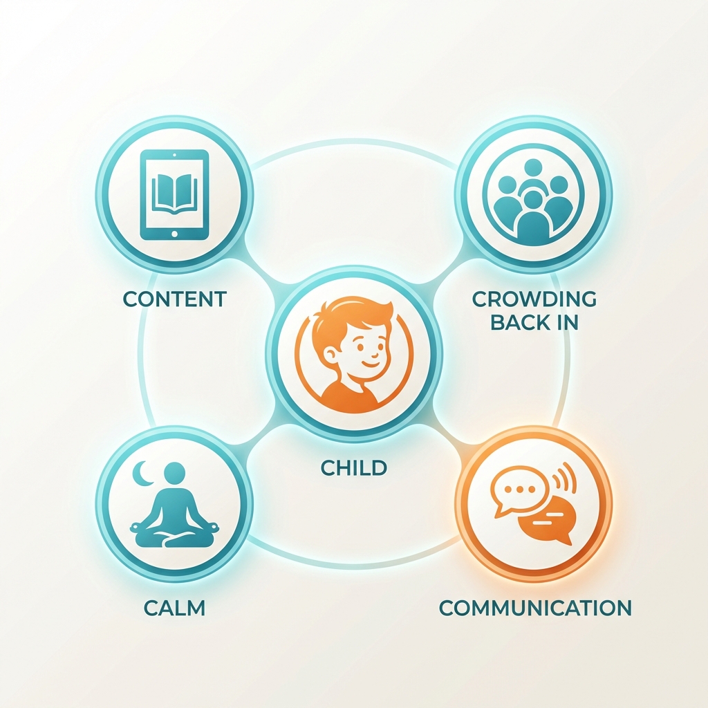 Infografía de las 5Cs: Child, Content, Calm, Crowding Back In, Communication