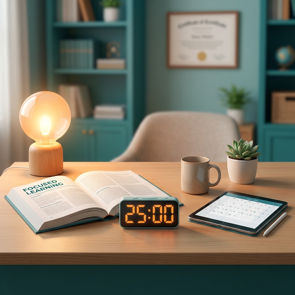 Técnica Pomodoro: Escritorio ordenado con temporizador